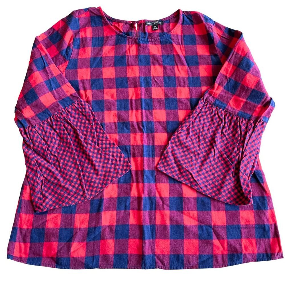 J. Crew Mercantile 100% Cotton Navy Blue & Red Buffalo Plaid‎ Peplum Top - Sz 12